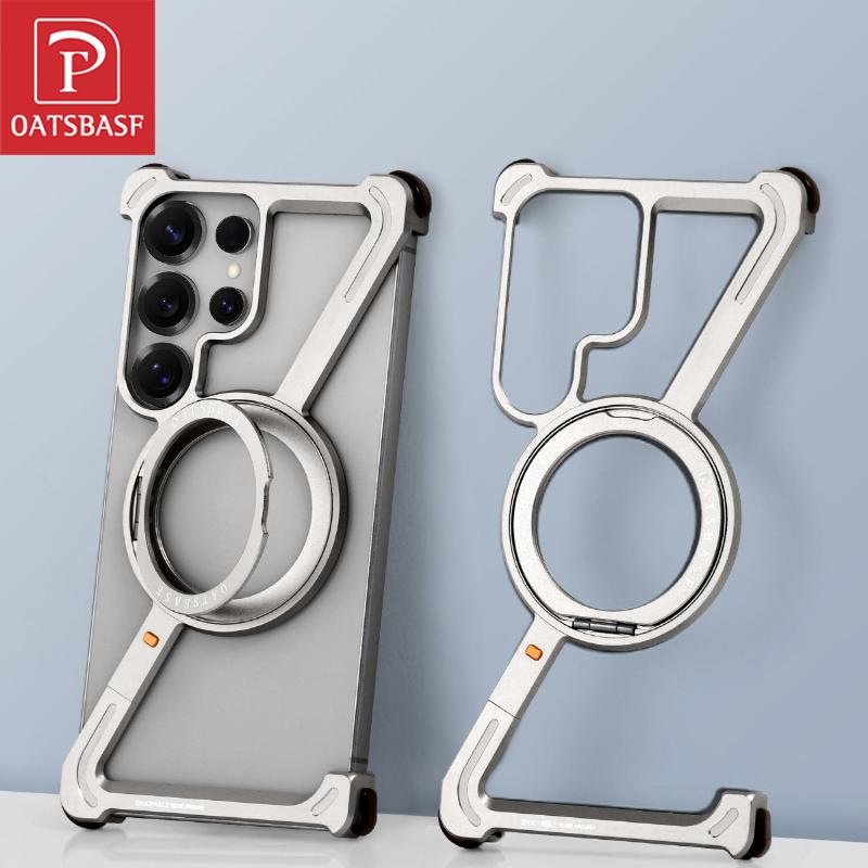 Oatsbasf for Samsung Galaxy S25 S24 Ultra Phone Case with Stand 360° Rotatable Magsafe Metal Frameless Bumper Protective Covers
