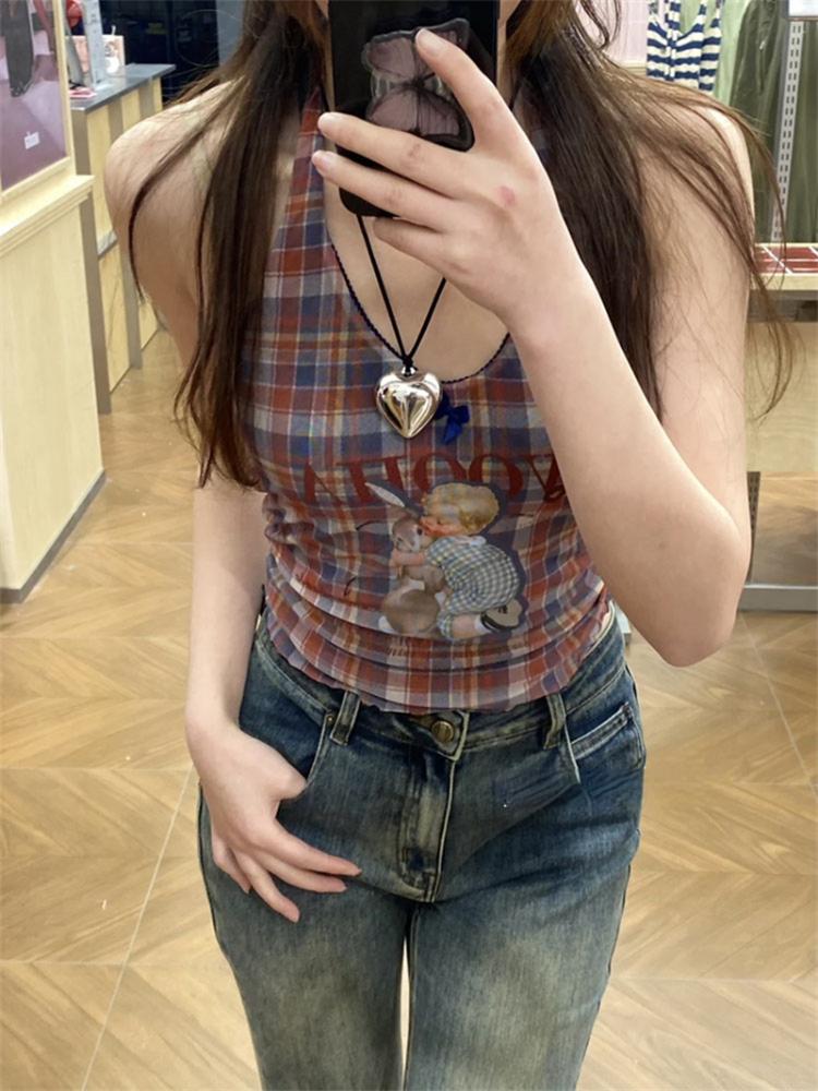 Canotta con stampa retrò americana, stile cartone animato, grunge, da donna, senza maniche, vintage, sexy, a quadri, Y2K, chic, con scollo all'americana, estate