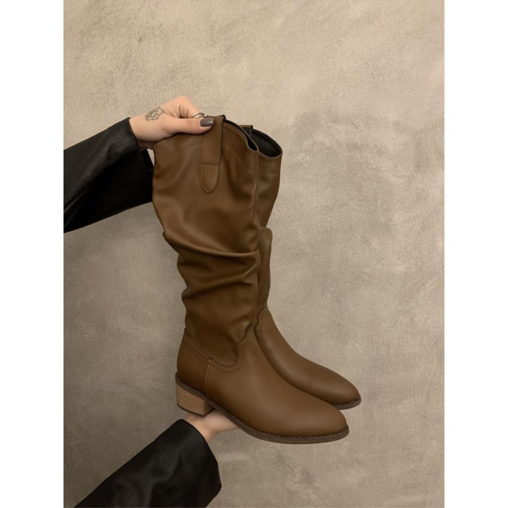 Coarse heel pleated long knight boots women's shoes 2025 new autumn and winter western thin and thin long boots