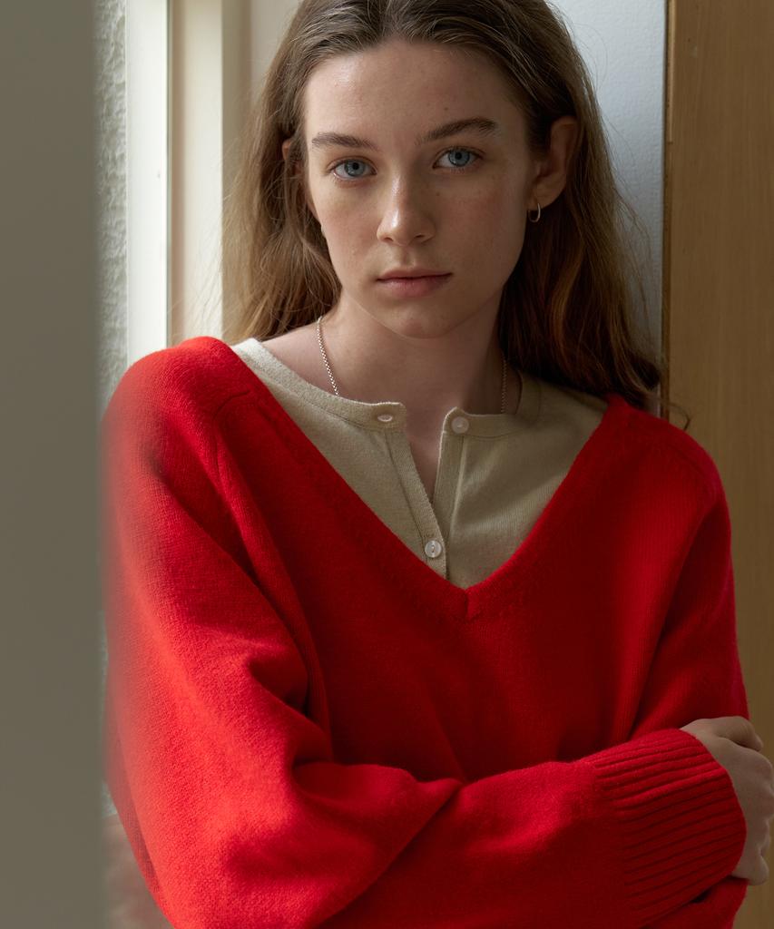 AMONG A V-Neck Oversized Muffler Knit Set_Red