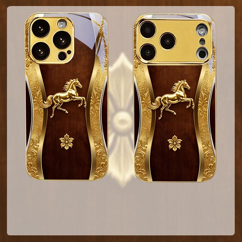 Luxury Gilded Stallion Electroplated Golden Phone Case For iPhone 17 16 15 14 13 12 11 Pro Max Plus 16E 17Air 7 8 Xs Back Cover