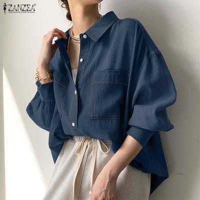 Women Casual Turn Down Collar Long Sleeve Loose Classic Blouse