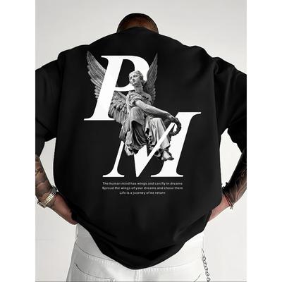 Tallas Europeas Camiseta Casual de Verano para Hombre con Estampado de Ángel y Letras - Manga Corta, Cuello Redondo, Tejido de Punto Elástico, Corte Regular