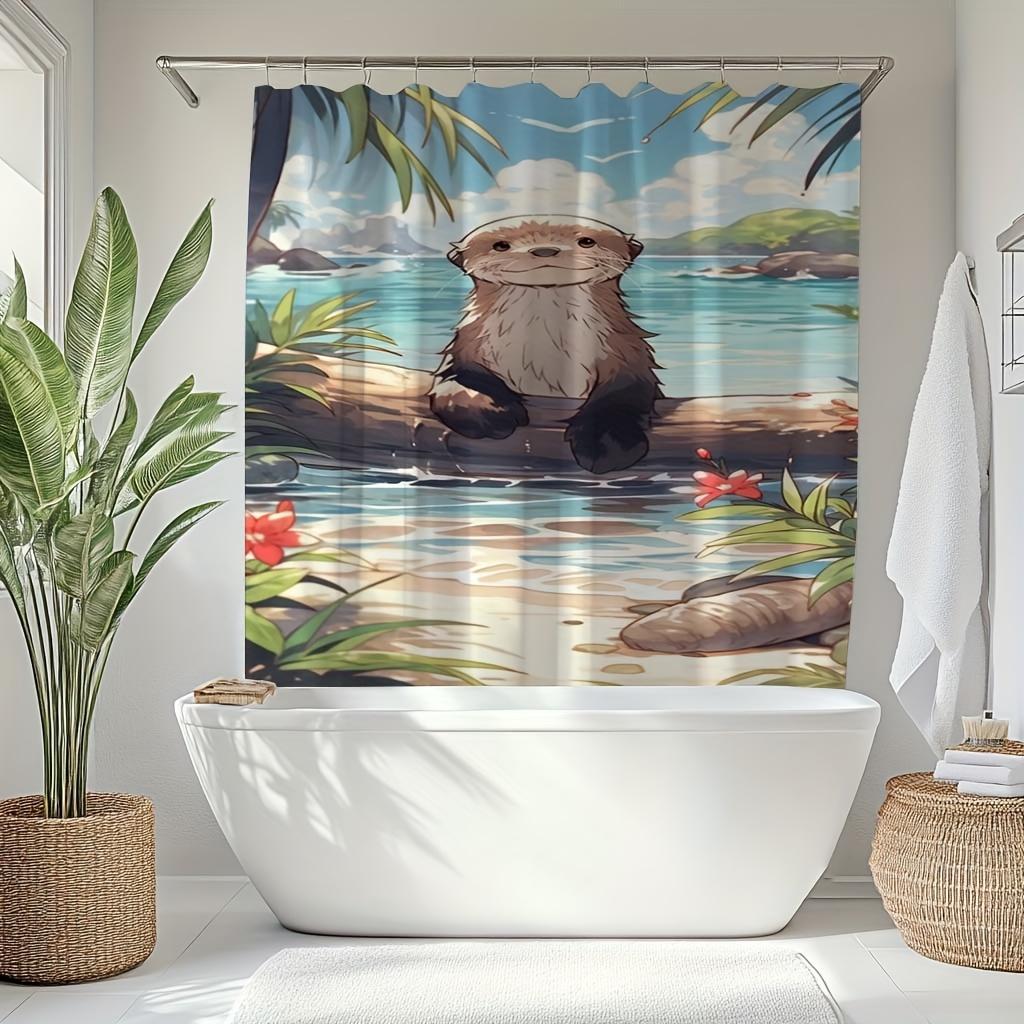 1 Piece Shower Curtain Set - Cute Otter Digital Print Art Pattern, Polyester Fabric with Hooks, Shower Curtain Decoration