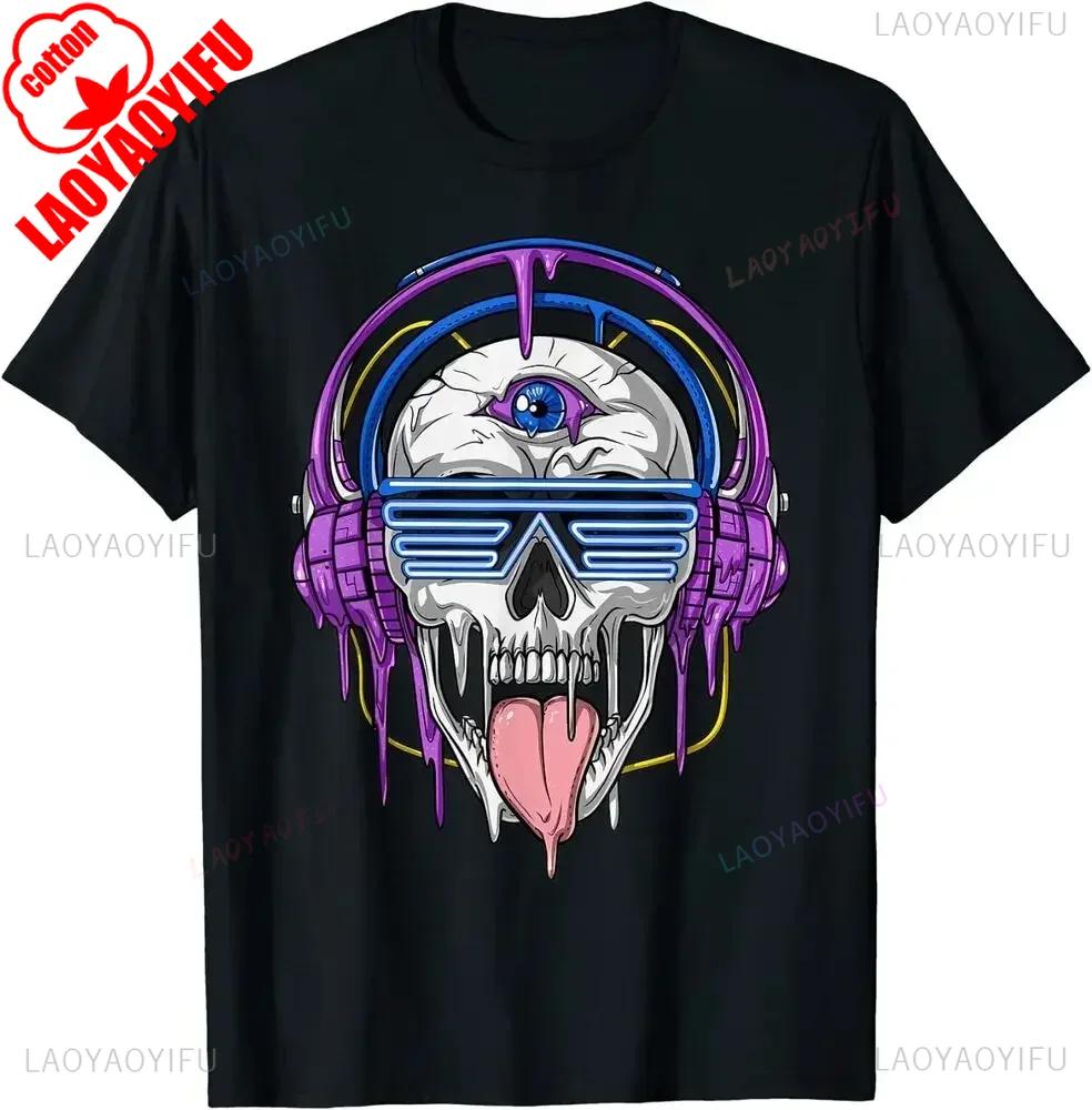 Summer Tops New Limited Psychedelic Skull Headphones Psytrance Techno Edm Festival High Quality Cotton TShirt Men Clothing