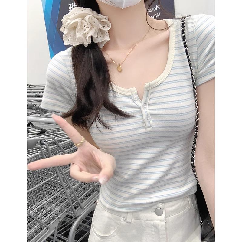 Korean Contrasting Stripes Front Shoulder Short-sleeved T-shirt Women's Summer Niche Design Sense Slim Fit Small Versatile Top Ins