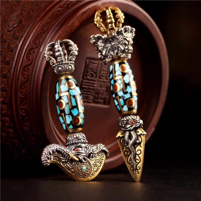 Tibetan Ritual Tools: Retro Silver Yueling Knife, Elephant Trunk Pendant, Vajra Pestle Accessories - Unisex Cultural Gifts