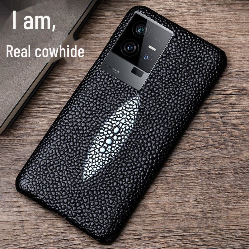 iQOO Z6 Cowhide Leather Pearl Fish Pattern Half-Case - High-End Protective Cover for iQOO Z6x