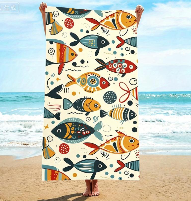Multi-Colored Fish Pattern Beach Towel Quick-Drying Ultra-Fine Fiber Strong Wrap Design Suitable for Beach And Pool Use