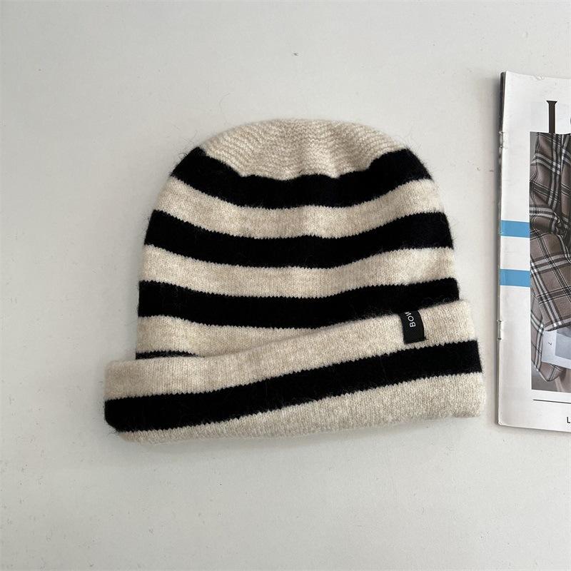 Striped letter sewn label roll brim casual retro fashion versatile street wool hat stack hat