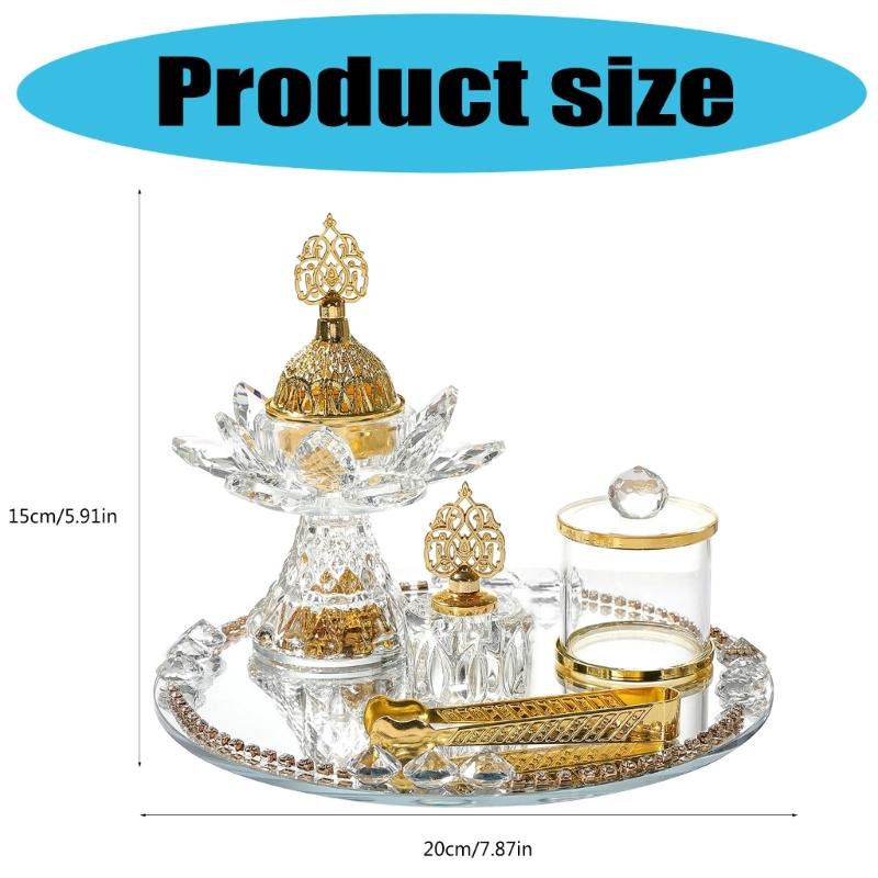 Glass Incenses Holder Set With Golden Arabic Pattern Flower Burners And Mirrored Tray Jar Tongs Spiritual Gathering Kits