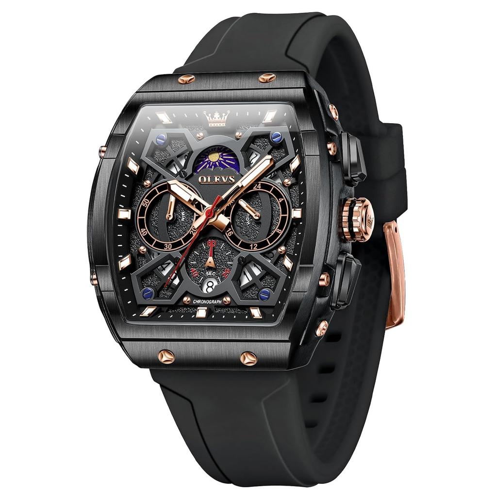 OLEVS Wristwatch Mens Analog Quartz Sports Black Silica Gel Belt Waterproof Watch Dial Silicone Chronograph