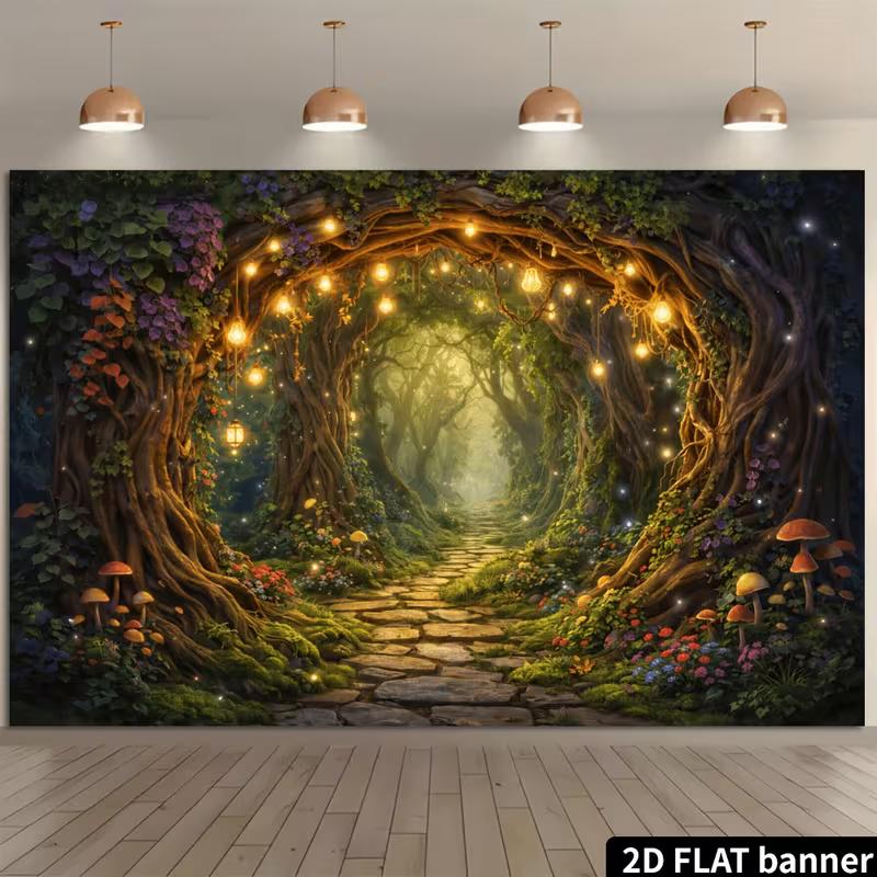 2D Magical Forest Path Backdrop Enchanted Tree Tunnel with Lights Photography Background