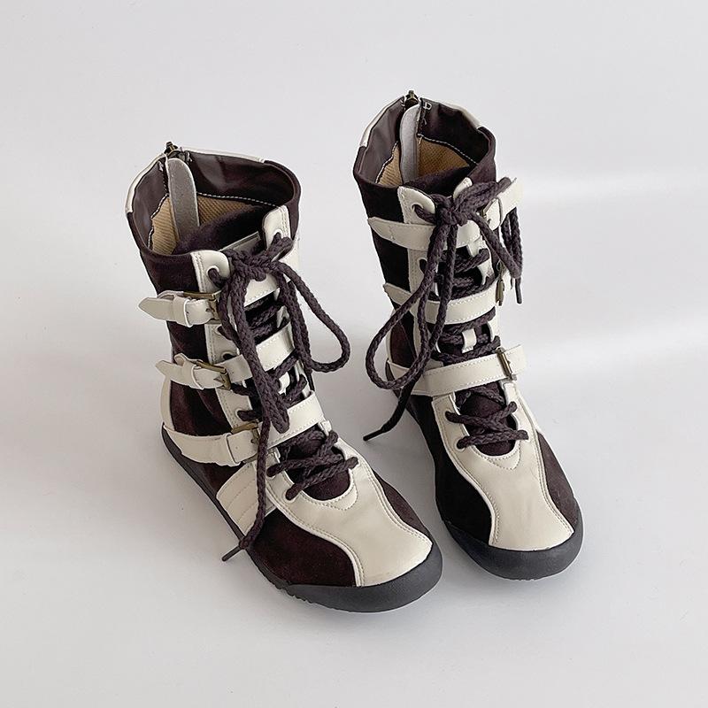 

Retro style color matching splicing lace-up belt buckle flat-bottomed German training shoes women s 2025 autumn and winter new sports shoes boxing bo 40