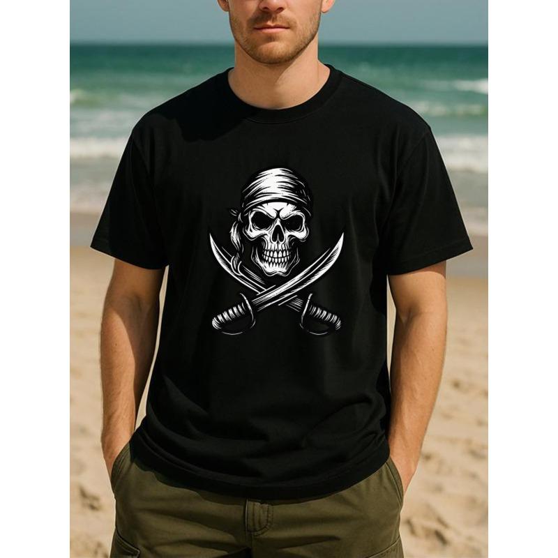 European Sizes Adventure Pirate Skeleton Double Blade Men's Printed Short-sleeved Shirt, Spring, Summer, Autumn and Winter Trendy Top