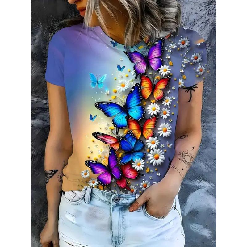 Summer Fashion Casual Butterfly Print Comfortable Soft Breathable Loose Simple Women's T-shirt