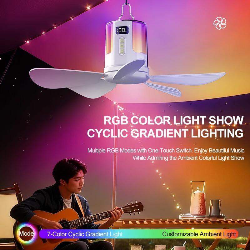 Ventilatore da soffitto portatile multifunzione da 10800 mAh con illuminazione ambientale RGB, a batteria per camera da letto, tenda da campeggio, viaggi all'aperto