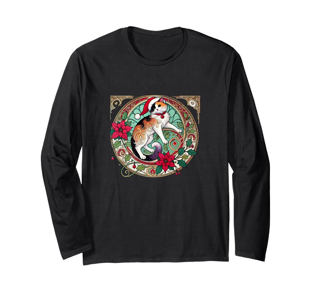 Calico cat, Santa hat, illustration, Christmas, calico cat, long sleeve T-shirt