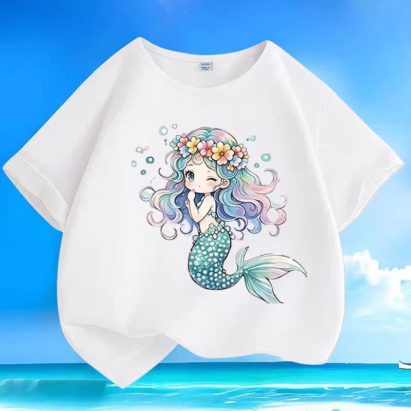 2026 Summer Girls Cartoon Mermaid Print ShortSleeved Tshirt Pure Cotton Comfortable and BreathableGirls HalfSleeve Tshirt