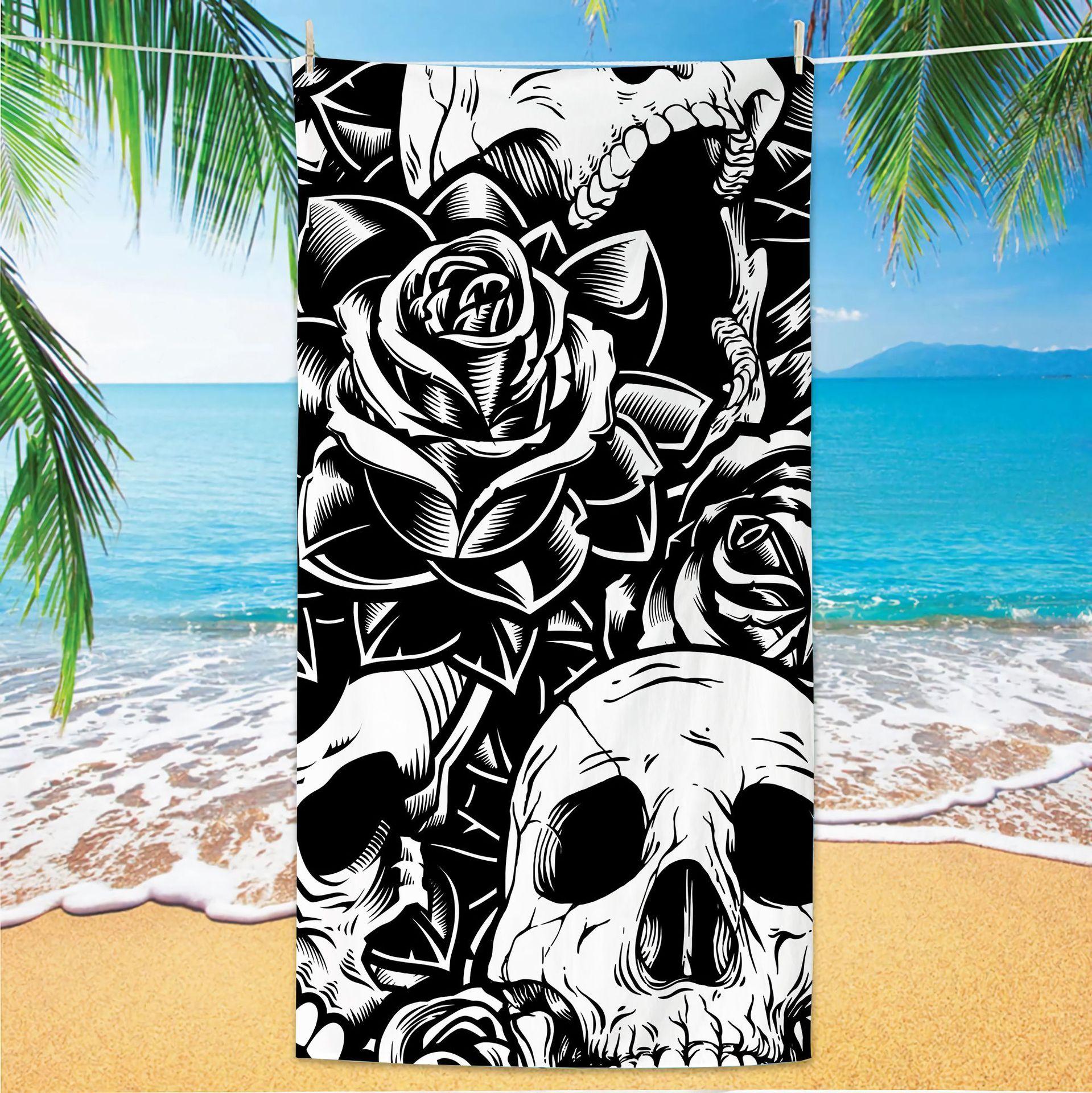 Dark Skeleton Rose Beach Bath Towel Gothic Style Painted Printed Towel Blanket Beach Pool Bath Towel 50x100cm