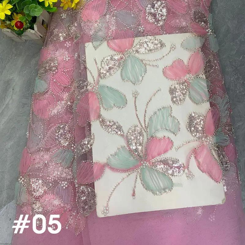 African 3D Beaded Sequins Pearls Embroidered Tulle Fabric Handmade Net Lace Fabric for Bridal Party Dresses DIY Sewing