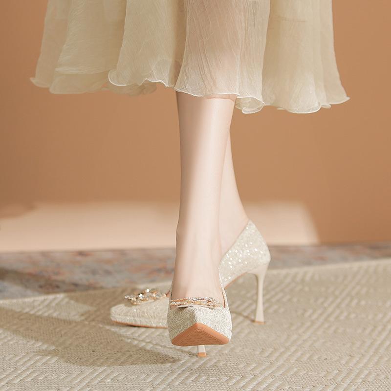 

Engagement single shoes women s rhinestone square buckle main wedding dress bride high heels waterproof table shallow mouth thin heel not tired feet 39