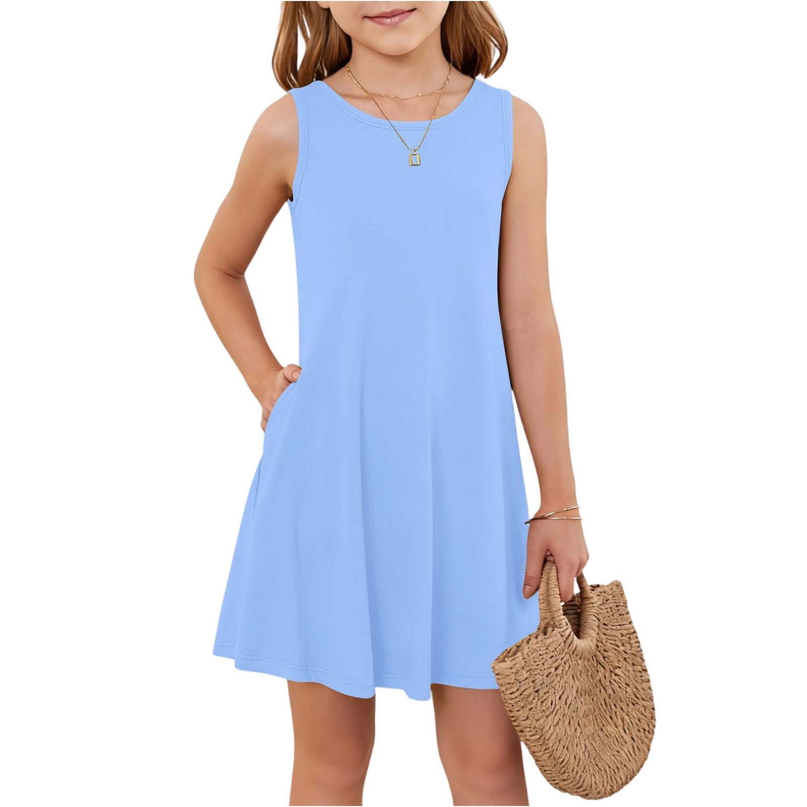 

Girl Summer Dress Sleeveless Printed Color Casual Dress With Pocket 130 світло-синій колір