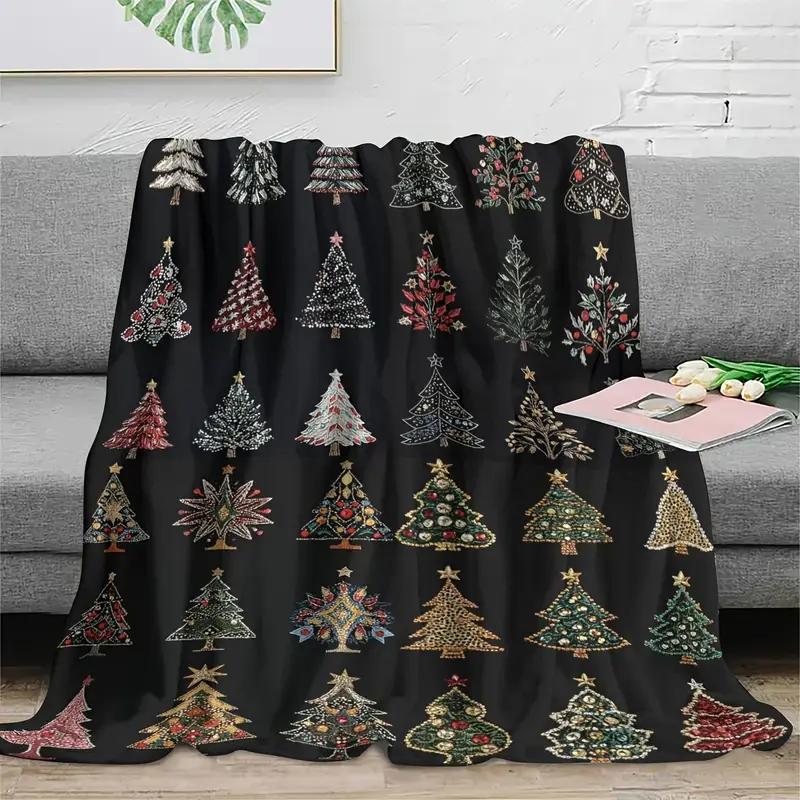 Cozy black Christmas tree pattern flannel blanket suitable for bed, office, home, camping, sofa, Halloween and Christmas
