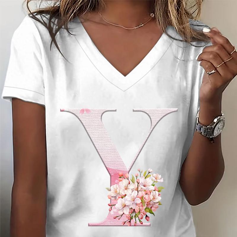 Pink Sakura 26 Alphabet Fashion Casual Tops Unisex Cherry Blossom Lover Vneck Short Sleeve Tshirt Letter R Floral Gift Clothing