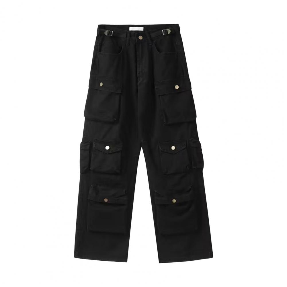 Binchi Keji Travel Unisex Cargobroek Losse Verstelbare Taille Effen Kleur Wijde Pijp Recht Meerdere Zakken Streetwear Outdoor Reisbroek XL zwart