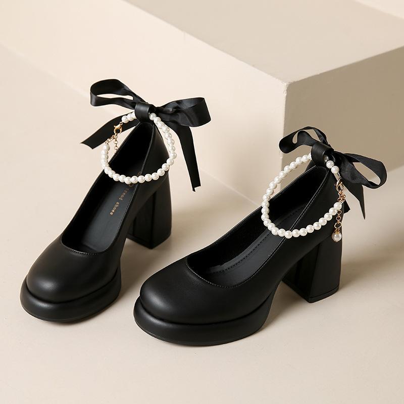 Mary Jane shoes women's spring 2025 new bow pearl one-word strap high heels fairy style thick heel single shoes