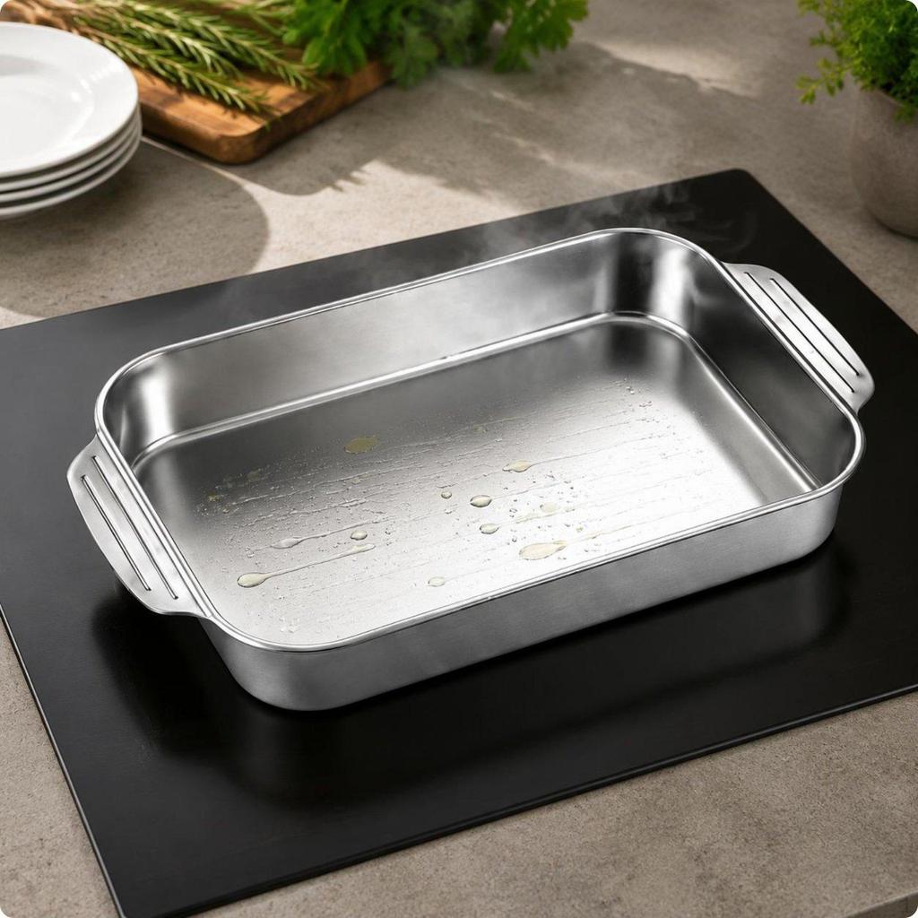 Stainless Steel Roasting Pan Smooth Finish Shallow Builtin Side Handles Kitchen