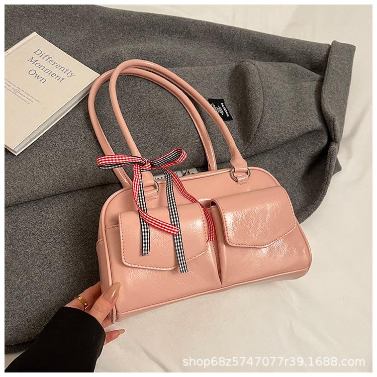 Korean Internet celebrities with the same bowling bag 2025 new niche Boston shoulder bow portable underarm women's bag