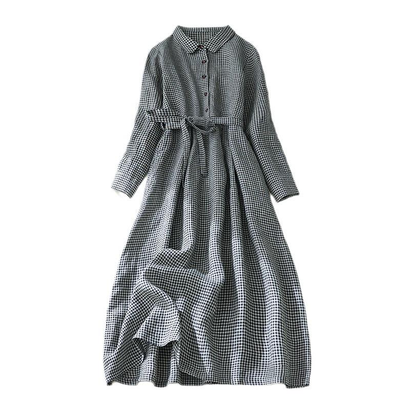 Kleid Künstlerisch Locker Altersreduzierend Lässig Schnürung Karomuster Langer Rock