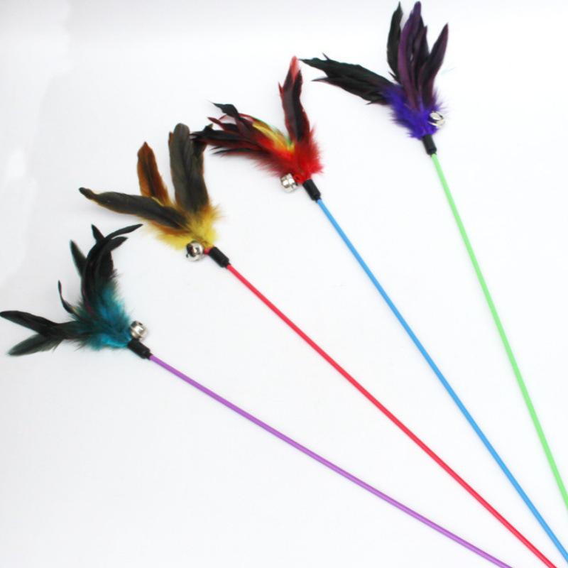 Colorful Feather Cat Teaser Stick: Black Rod with Bell, Bite-Resistant Kitten Toy