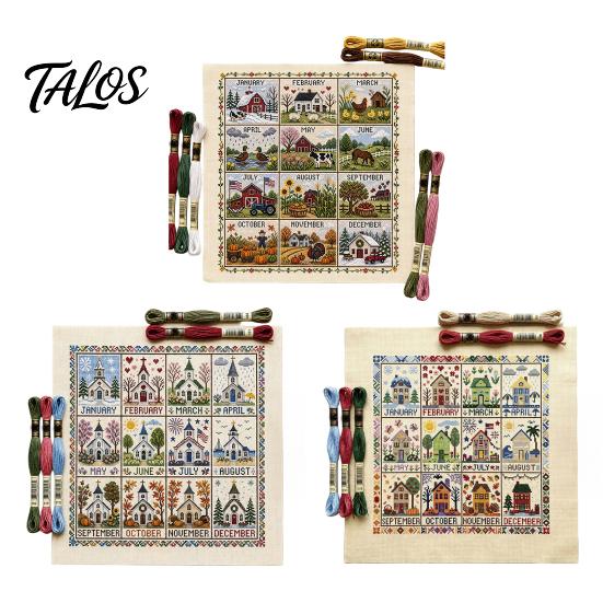 Twelve Month Decorative Wall Art 12-Month Cross Stitch Kit, DIY Four Seasons Embroidery Seasonal Monthly Kit Stamped Stitching Craft Set for