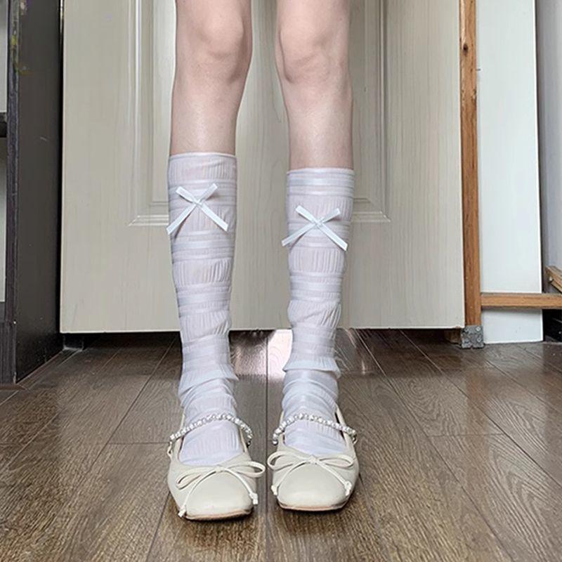 

Носки гольфы в балетном стиле из ледяного шелка JK для женщин | Летние тонкие кружевные кремово-белые охлаждающие носки до икры - Трендовые в INS