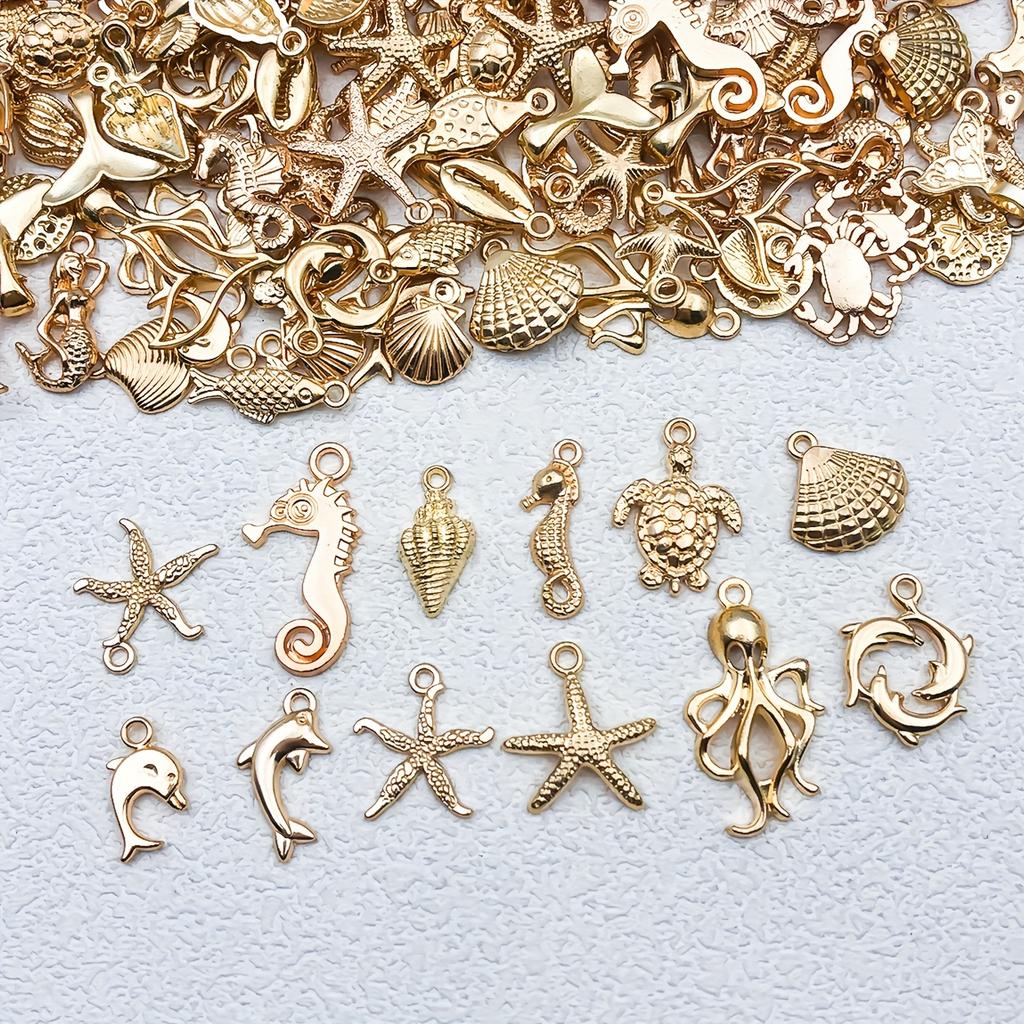 100pcs Goldenen Marine Life Charms Alloy Starfish, Shell,Octopus,Fishtail Pendants for DIY Bracelet Necklace  Making Accessories