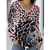 European and American Pink and Blue Leopard Print V-neck Long-sleeved Top