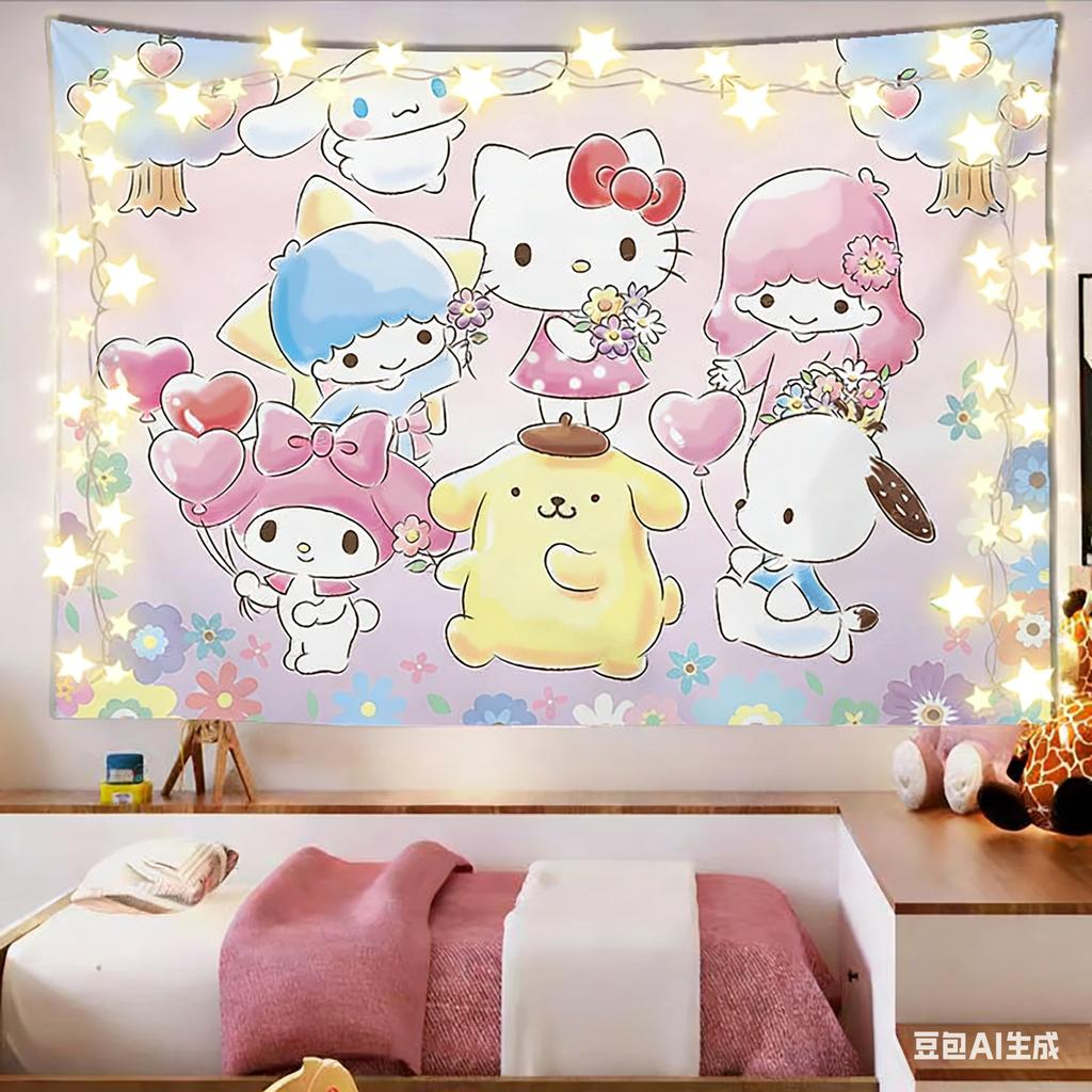 Kawaii Cartoon Characters Tapestry Kuromi  My Melody Group Print Polyester Wall Hanging Sweet Pink Themed Home Decor for Bedr
