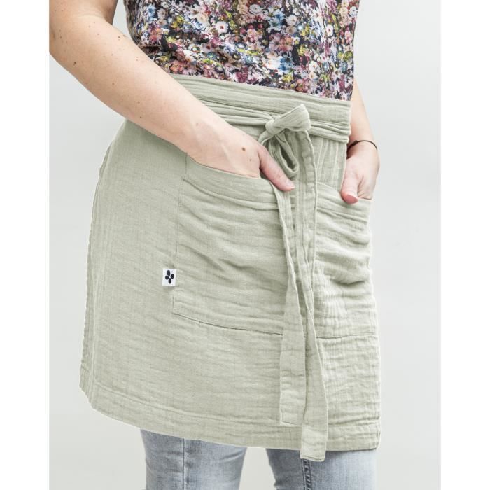 Tablier - Gaia - Vert - 2 Poches - 100% Gaze De Coton - 45x80 Cm