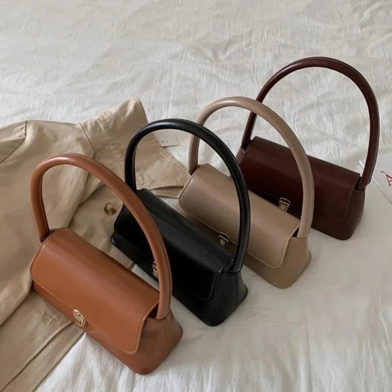 Fashi Retro Women's Shoulder Bag Simple Solid Colour Handbag Vintage Underarm Bag PU Material Flap Bag