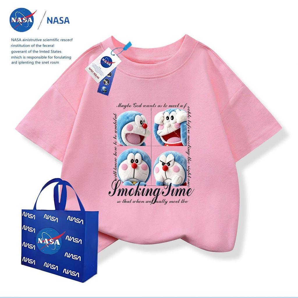 NASA x Doraemon Kinder-Baumwoll-T-Shirt mit Rundhalsausschnitt und Stickerei, Kurzarm