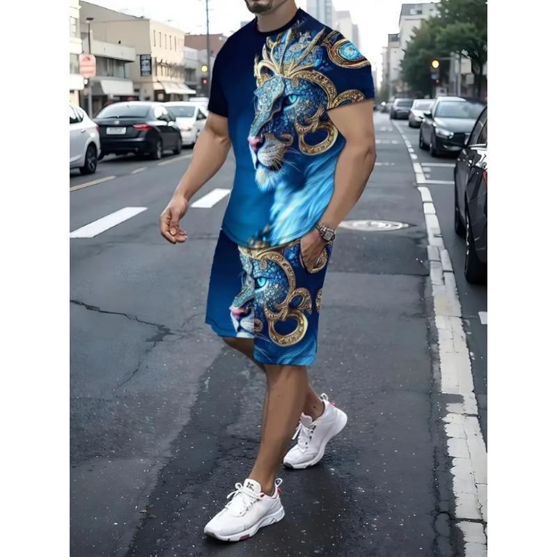 3D Wolf Print Blue Base Summer Men Short Sleeve Suit Short Sleeve Shorts 2 Pieces Casual Fashion Street Clothing