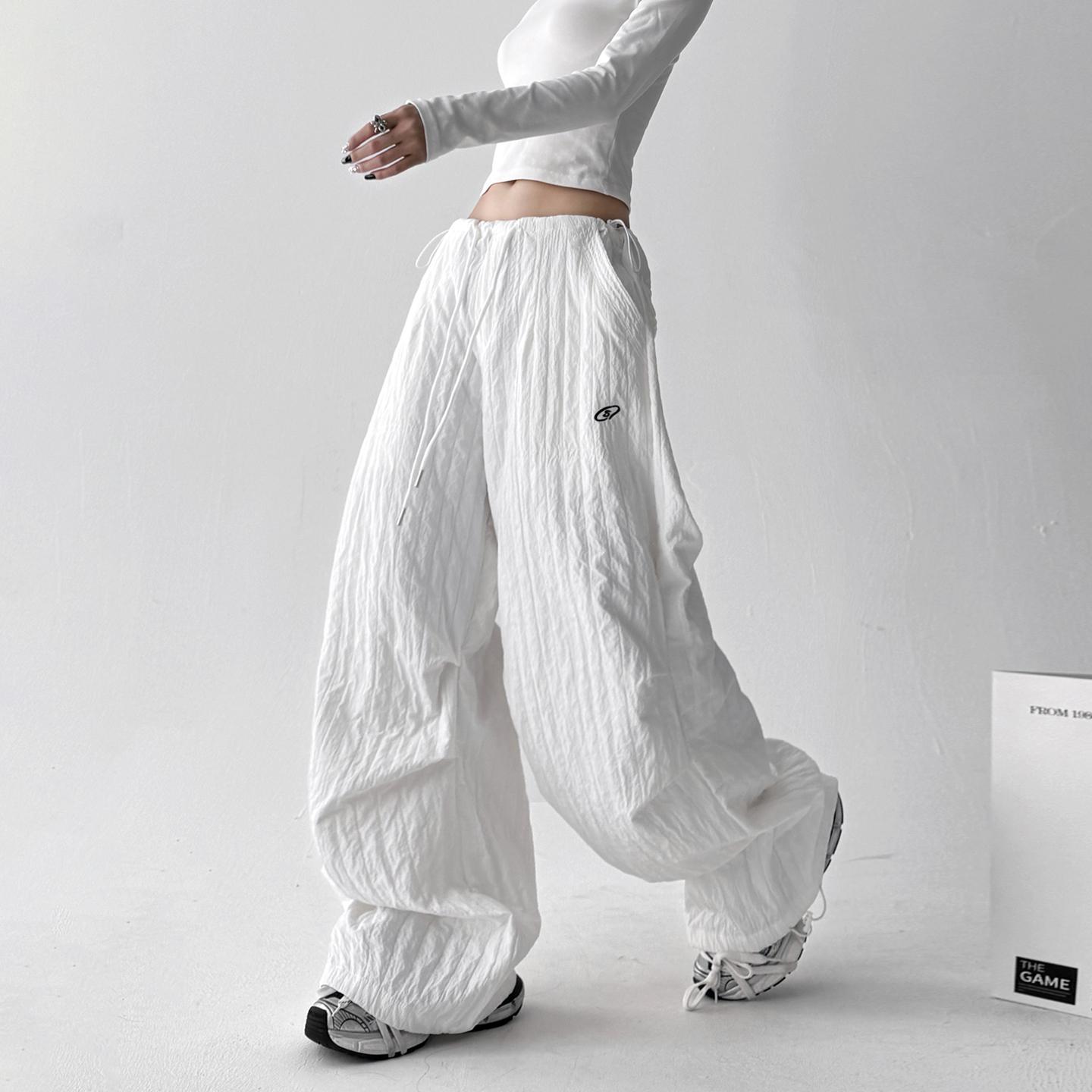 

Autumn Quick-Dry Textured High Waist Wide-Leg Pants - Casual Loose Fit for Women, Black White Black Extended M