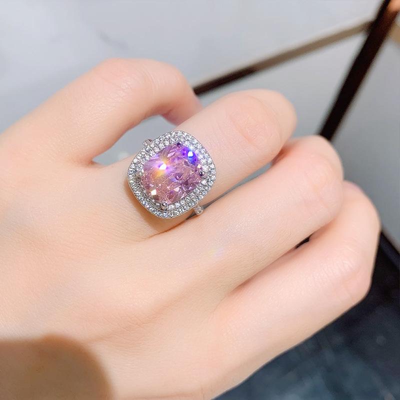 Pink Zirconium Ring Micro Diamond Square Large Zircon Ring Color Treasure Crystal Ring Pink Diamond Yellow Diamond Jewelry