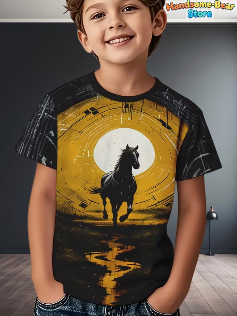 Children's Clothing Boys T-Shirt 3D Horse Print Short Sleeve Fashion Kids Summer Clothes Casual Child Girls Clothing O-Neck Tops