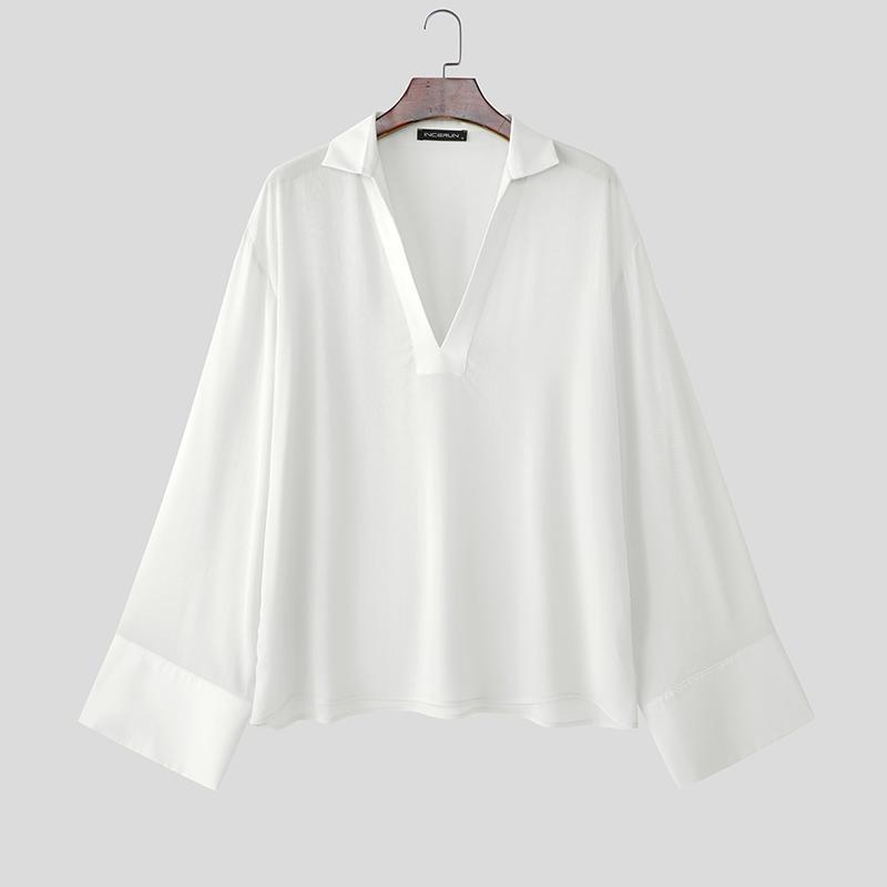 

INCERUN Oversized Men Deep V 3/4 Sleeve See Through Sheer Long Shirts Tops 4XL білий
