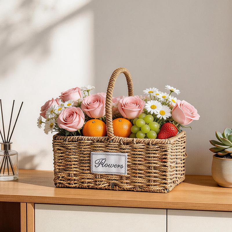 Pastoral Handmade Straw Flower Basket for Faux Bonsai Display - Creative Woven Design for Living Room or Balcony