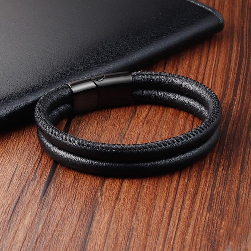 Trendy Accessories Stainless Steel Men s Leather Bracelet Multilayer Combination Magnet Clasp Adjustable Closure Big Discount 21cm